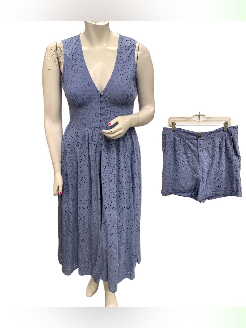 VENUS Dusty Blue Eyelet Midi Dress with Matching Shorts Size XL